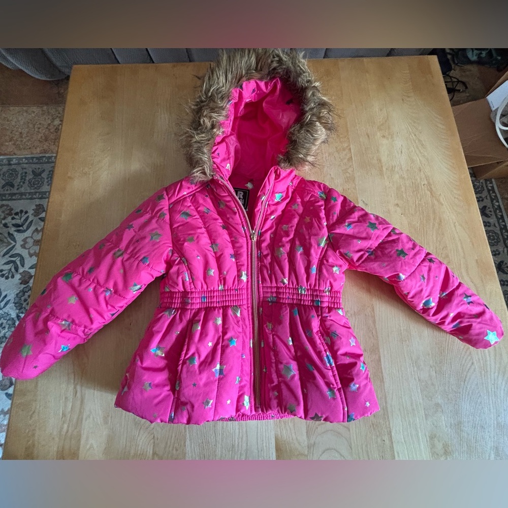 Rothschild Bright Pink With Stars Hooded Jacket with Fur Trim Girls Size 4T